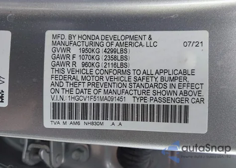 2021 Honda Accord Ex-L z USA, uszkodzony, nr VIN 1HGCV1F51MA091451